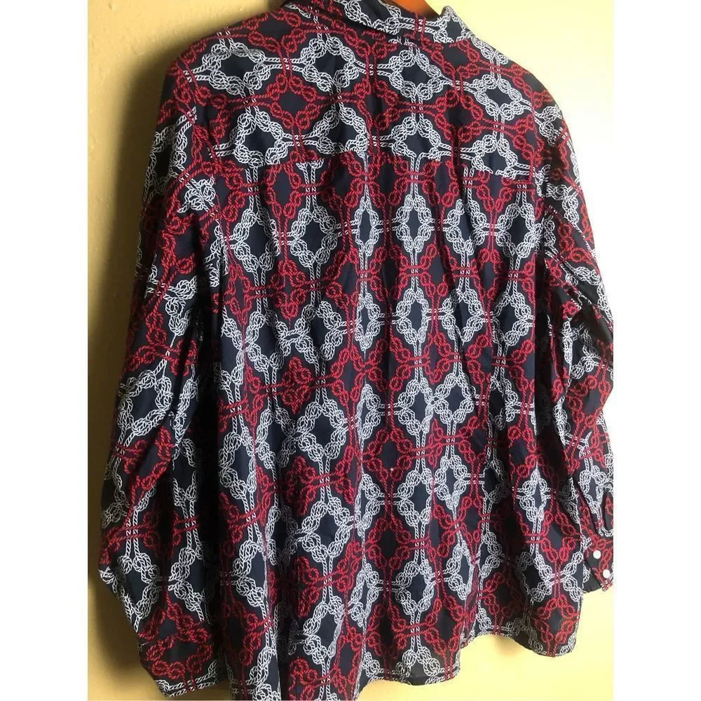 TOMMY HILFIGER Navy w/ Red & White Knotted Rope Print Tabbed Sleeve Shirt Sz 1X - Picture 7 of 13